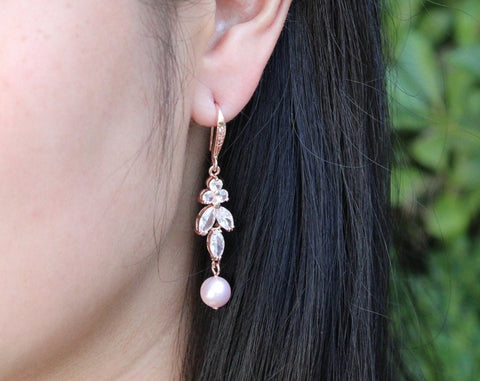 Custom color pearl wedding earrings Bridal earrings Bridal necklace earring set bridesmaid gift wedding jewelry Blush pink necklace earrings