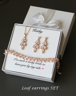 Personalized bridesmaid gift Wedding earrings necklace bracelet SET bridal earrings bridesmaid jewelry CZ drop earrings Rose gold Silver SET