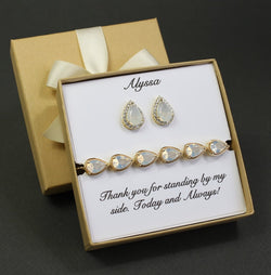 Custom White opal bridesmaid earrings bracelet set Bridesmaid necklace earrings set Opal jewelry gift bridesmaid jewelry White opal gift set