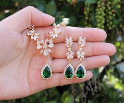 Emerald wedding necklace Bride statement earrings necklace bracelet set Wedding jewelry set Emerald green bridal SET Emerald bridal jewelry