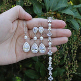 Bridesmaid earrings bracelet necklace set Cubic zirconia and pearl gift Bridesmaids pearl earrings Bridal jewelry set Wedding jewelry set