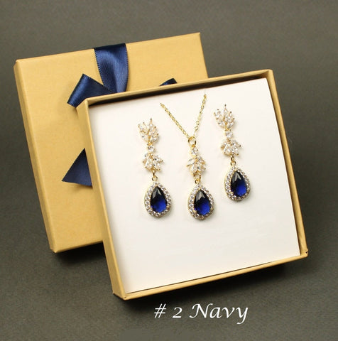 Navy blue bridal drop earrings Wedding necklace earrings bracelet SET Bridesmaids gift Sapphire blue wedding jewelry Bridal jewelry set Vine