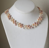 Floral triple row fresh water pearl necklace, Multi- strand pearl bridal necklace,Wedding pearl jewelry
