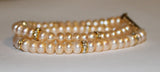 Double Row Genuine peach pearl bracelet, Bridal champagne pearl bracelet, Bridesmaid bracelet, gold crystal rhinestone bracelet,orange