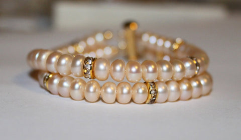 Double Row Genuine peach pearl bracelet, Bridal champagne pearl bracelet, Bridesmaid bracelet, gold crystal rhinestone bracelet,orange