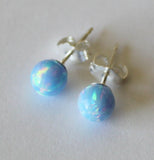 Fiery Ice Blue Opal stud earrings, 6mm or 8mm blue opal earrings, bridesmaid earring studs, Blue stone post studs, birthstone gift earrings