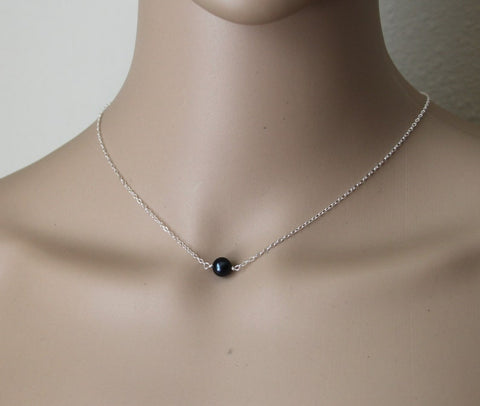 Genuine Round AAA Black Pearl Necklace, Black fresh water pearl necklace, June birthstone, Bridesmaid necklace, Sterling silver, Real pearl