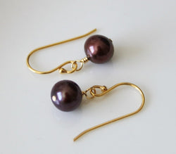 Chocolate fresh water pearl dangle earrings, Gold pearl earrings, Brown pearl drop earrings, simple pearl earring