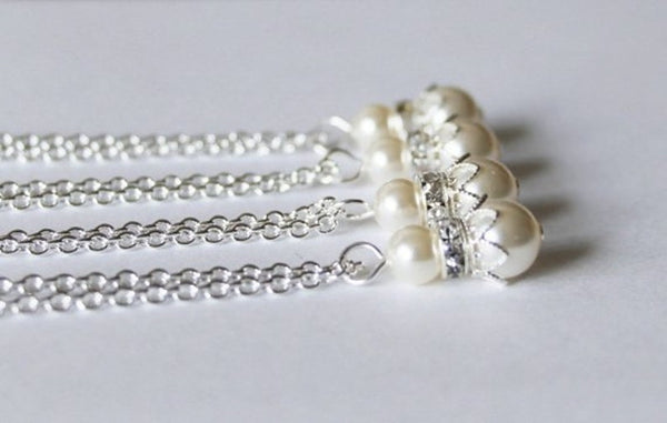5 set bridesmaids floating pearl necklaces, set of 5 Ivory pearl necklaces, Swarovski pearl necklaces, Flower girl, Nautical, Navy and white