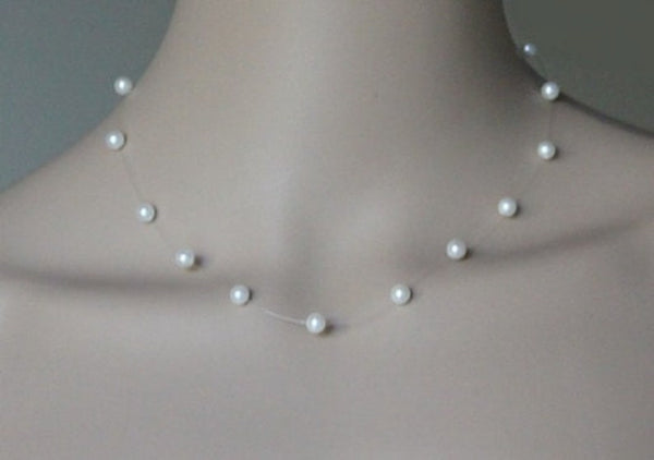 Real Pearl Floating Necklace, Bridesmaid necklace, Illusion pearl necklace, Fresh water pearl necklace, Sterling silver,Flower girl necklace
