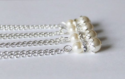 4 sets bridesmaids pearl necklaces, bridesmaids neckalces, Flower girl, Bridesmaids jewelry, Pearl and crystal necklace, bridal party gifts