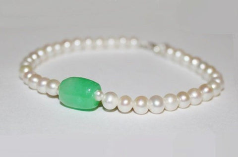 Jade and real pearl bracelet, Fresh water pearl bracelet, Jade bracelet, flower girl bracelet, Spring bracelet, Christmas, something green