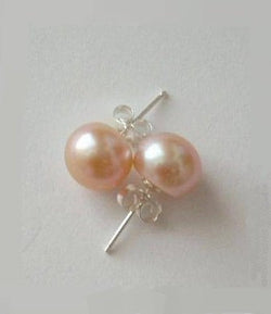 SET of 5 pairs pink pearl stud earrings, 7-8 mm genuine Pink Pearl Stud earrings, pink bridesmaid earrings, Sterling Silver, Pink earrings