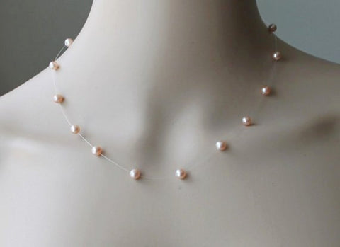 Fresh water pink pearl necklace, Real pearl necklace, Pearl illusion necklace, Bridesmaid necklace, flower girl gift, Bridesmaid jewelry