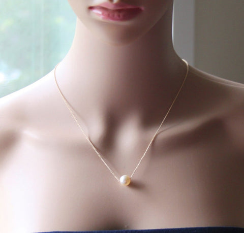 Large pearl floating necklace -14K Gold fill necklace -Gold pearl necklace -Bridesmaid necklace - Bridesmaids gifts- Wedding pearl necklace
